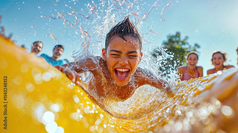 Laughing boy sliding down a water slide with splashes and friends cheering in the background