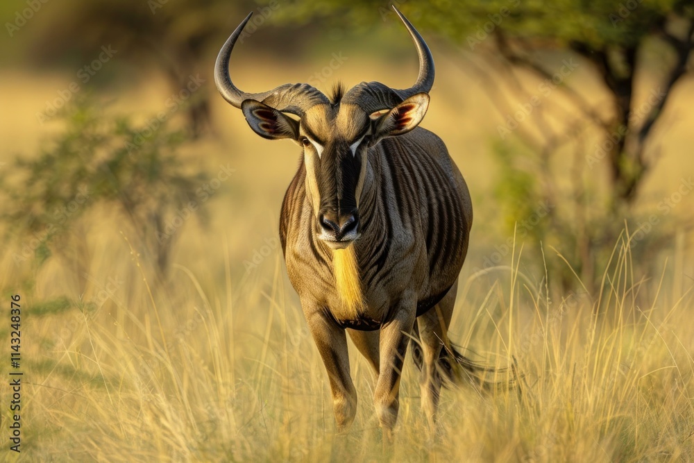 Powerful nyala bull with impressive horns striding through the african savanna at sunrise Powerful nyala bull with impressive horns striding through the african savanna at sunrise