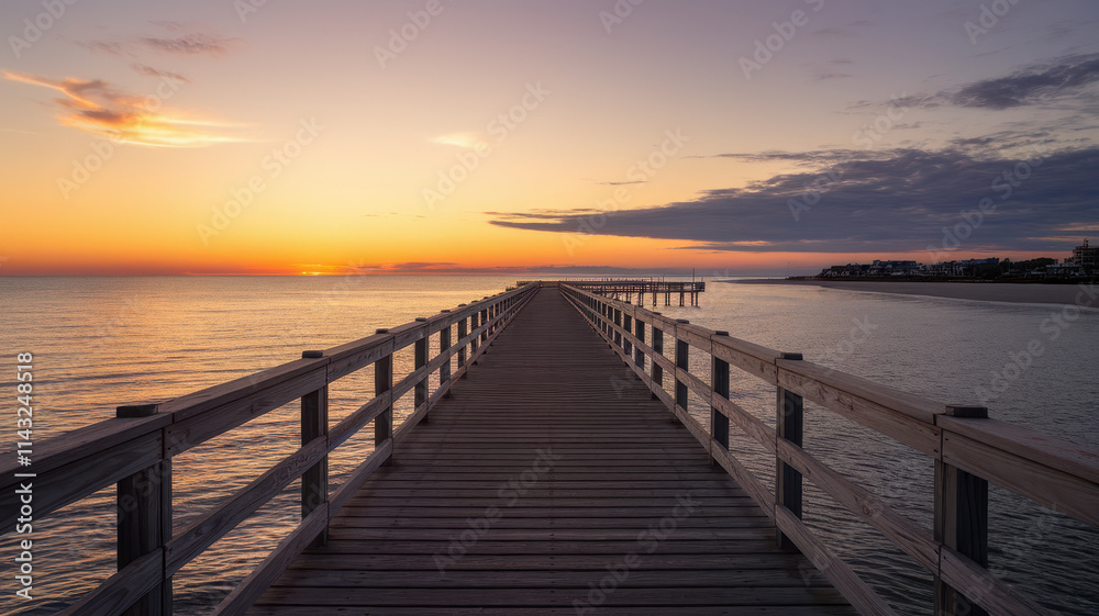 A stunning sunset casts vibrant hues over a wooden pier extending into calm waters, creating a serene and tranquil atmosphere. A stunning sunset casts vibrant hues over a wooden pier extending into calm waters, creating a serene and tranquil atmosphere.