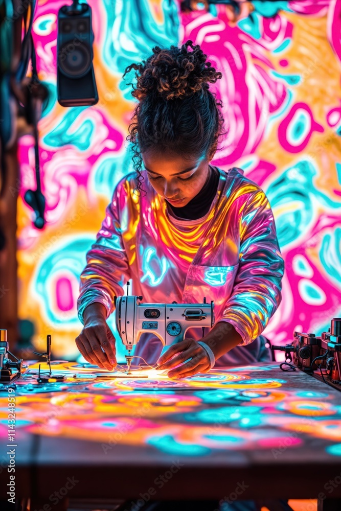 Creative designer sewing with neon lights and vibrant patterns in an artistic workspace