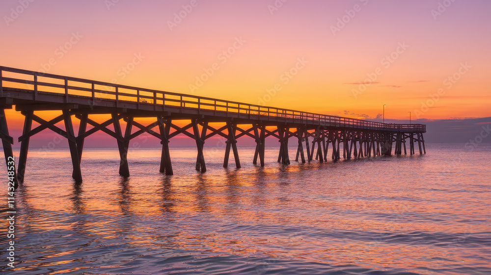 A serene sunset pier view, featuring a wooden structure stretching over calm waters, with vibrant hues of orange and purple illuminating the sky. A serene sunset pier view, featuring a wooden structure stretching over calm waters, with vibrant hues of orange and purple illuminating the sky.