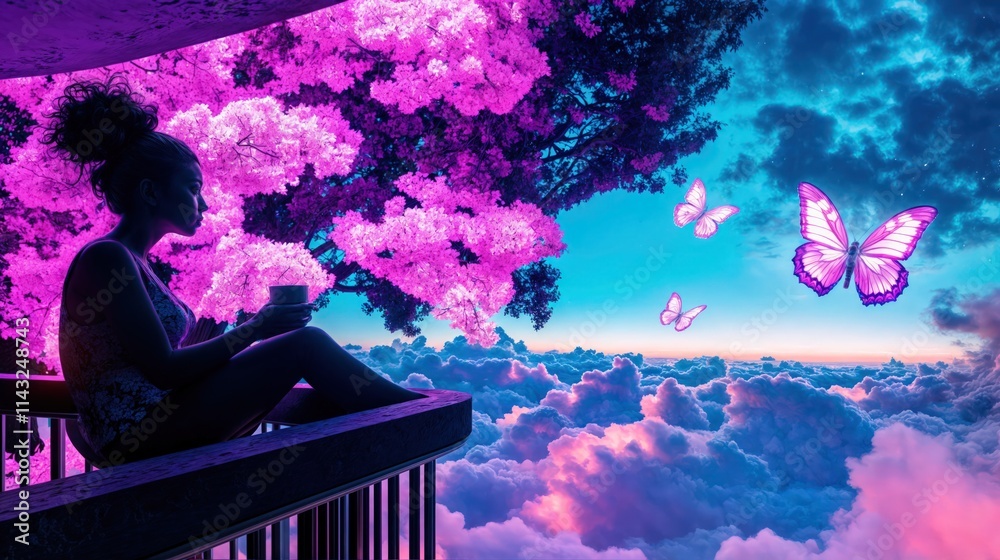 Silhouette of a woman enjoying coffee on a balcony with pink trees and butterflies in a dreamlike sky