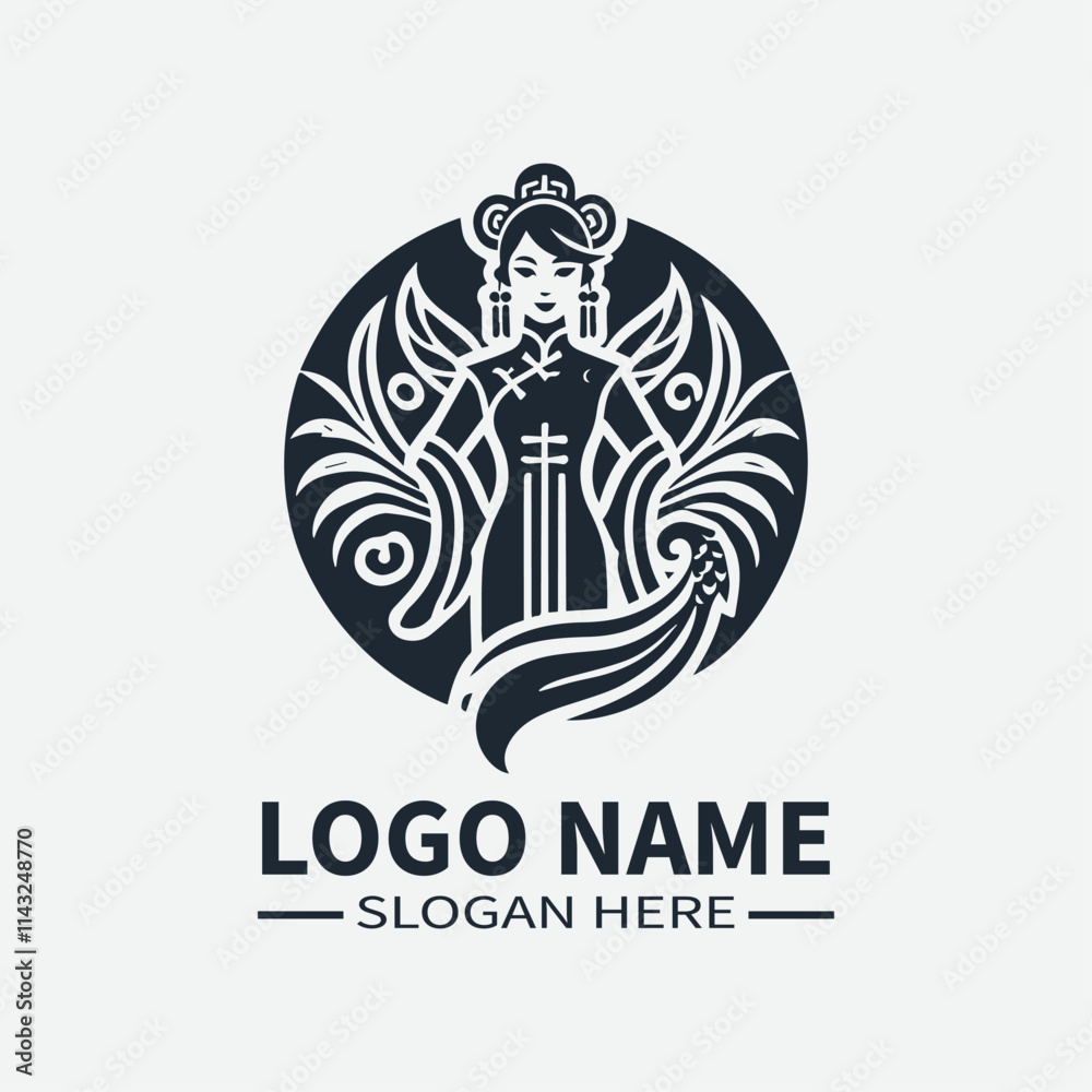 Fototapeta premium Traditional Chinese Dress Logo, Chinese Woman Logo, Lunar New Year Logo, Asian Fashion Logo