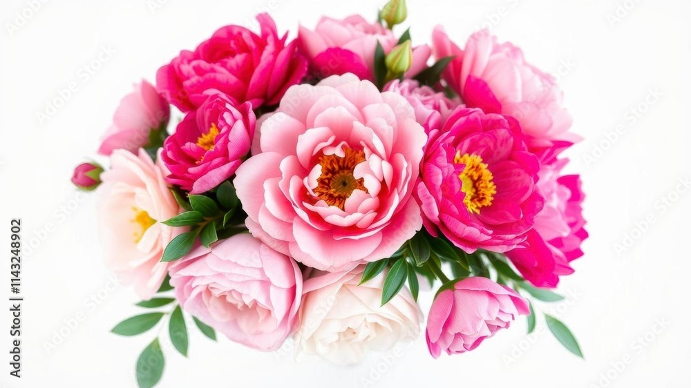 A vibrant arrangement of pink peonies and roses set against a white background, with ample copy space for text or design, blooming, floral, flowers A vibrant arrangement of pink peonies and roses set against a white background, with ample copy space for text or design, blooming, floral, flowers