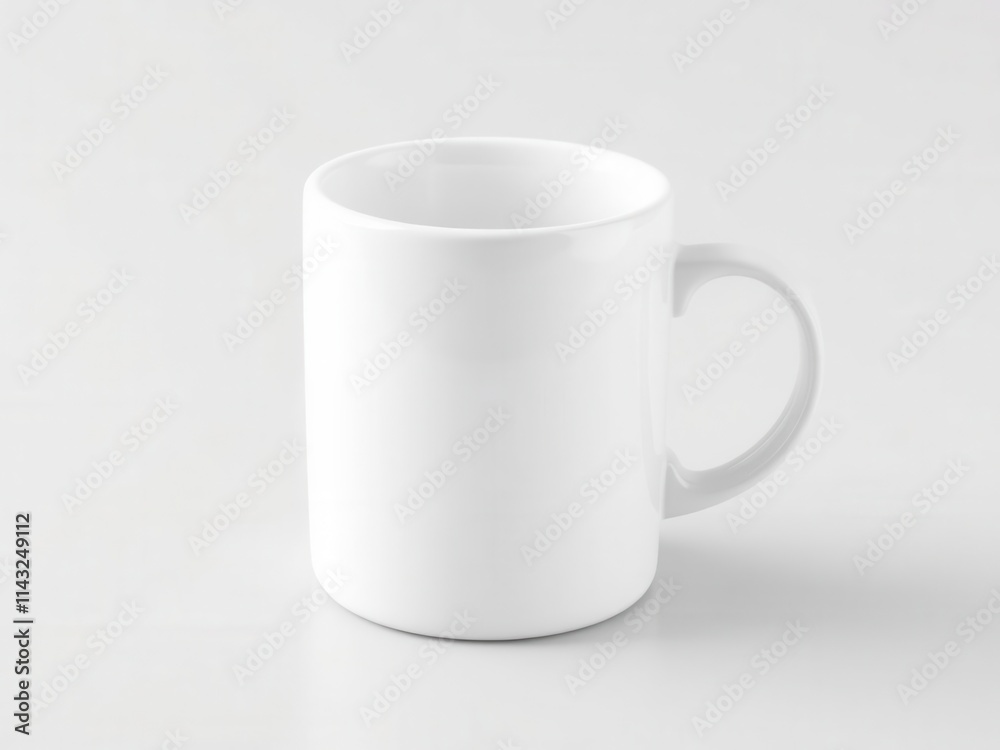 Blank white ceramic mug with a curved handle and glossy finish on a white background, glossy finish, stock photo, product presentation