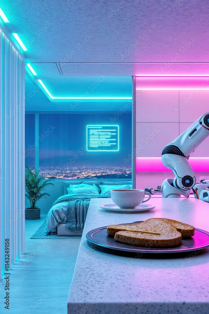High-tech smart home with robot assistant, neon lighting, and a view of the cityscape at night