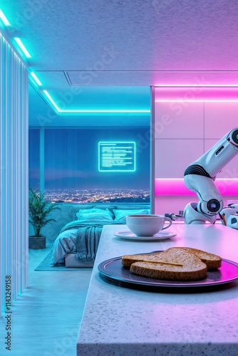 Obraz na płótnie High-tech smart home with robot assistant, neon lighting, and a view of the cityscape at night
w salonie