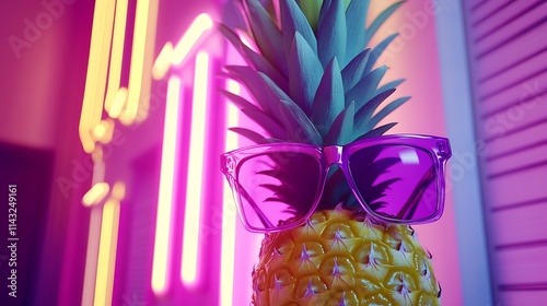 Pineapple Wearing Purple Sunglasses Neon Background photo