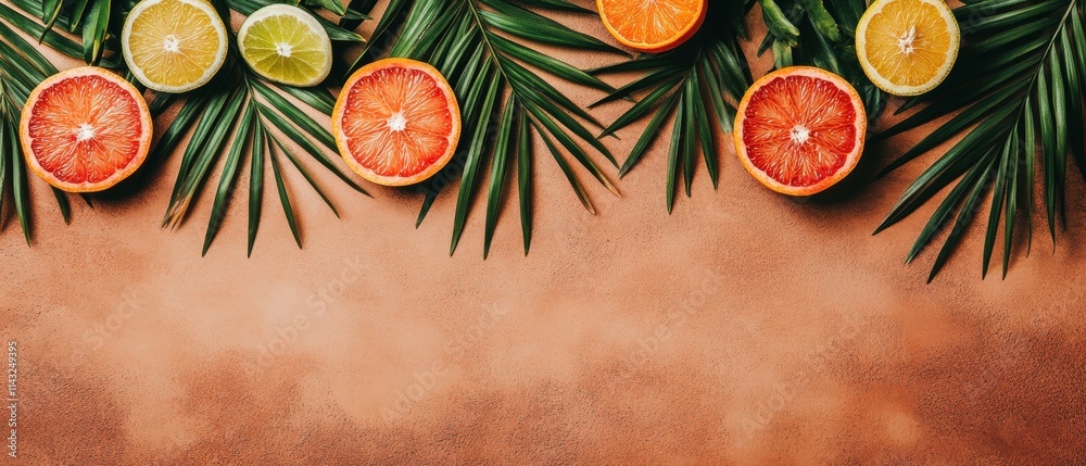 Bunch of oranges and limes are arranged on a brown background. Banner Bunch of oranges and limes are arranged on a brown background. Banner