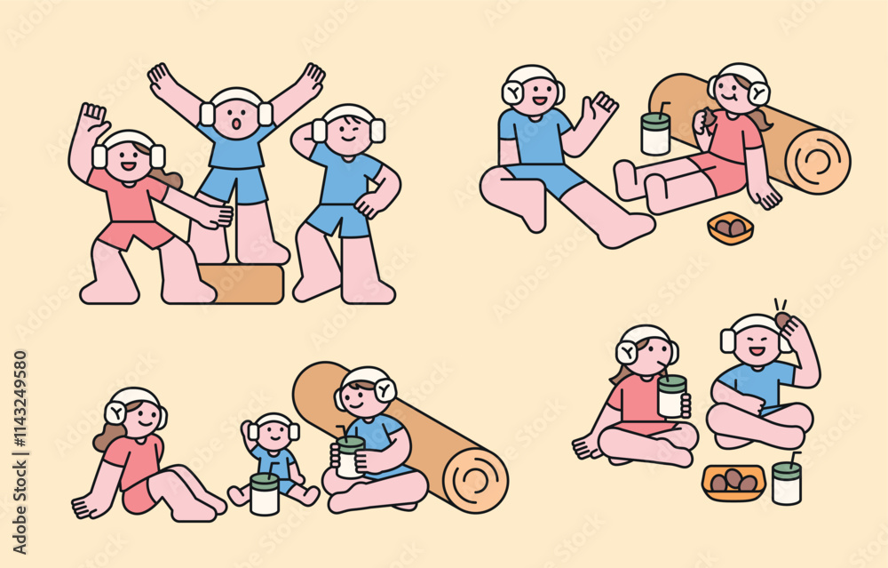 Korean jjimjilbang culture. In the sauna's lounge, people are relaxing, eating snacks, and chatting. Cuttiny character with outline. Korean jjimjilbang culture. In the sauna's lounge, people are relaxing, eating snacks, and chatting. Cuttiny character with outline.