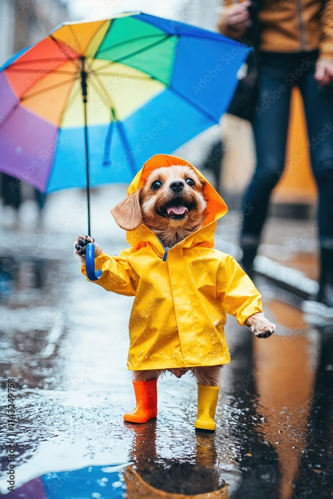 Happy small dog wearing yellow raincoat and boots holding rainbow umbrella on rainy street