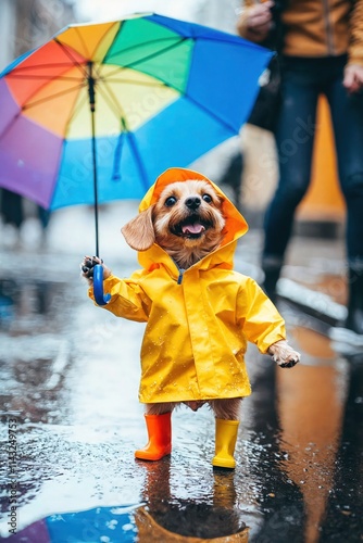 Obraz na płótnie Happy small dog wearing yellow raincoat and boots holding rainbow umbrella on rainy street
w salonie
