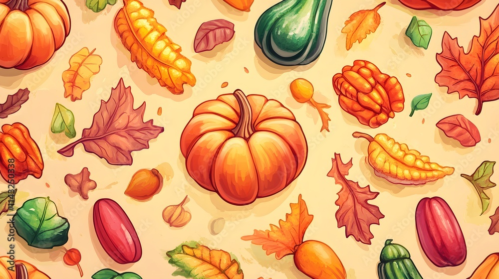 Thanksgiving background with pumpkins, vegetables, and warm autumnal hues