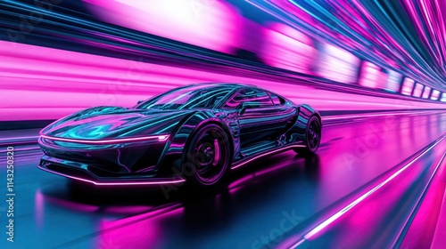 Sleek futuristic car speeding through neon-lit tunnel with vibrant pink and blue lights
