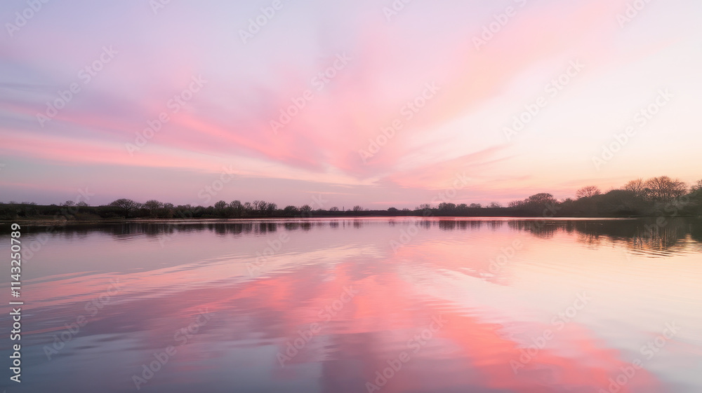 Fototapeta premium A serene twilight over a calm river reflecting soft pink and purple hues, creating a tranquil atmosphere in nature's embrace.