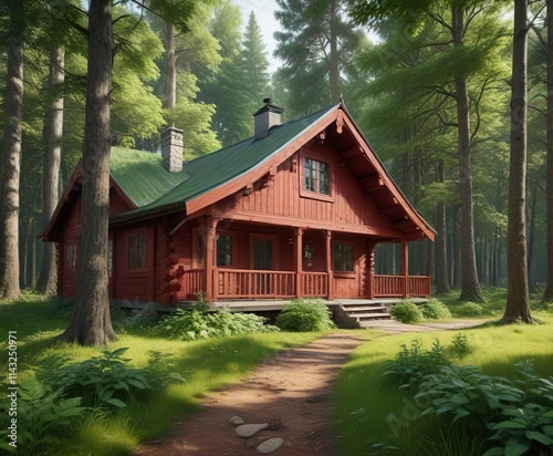 Exterior view of a traditional red wooden cabin in a lush green forest, retreat, isolated, serene, countryside