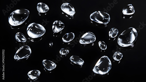 Shiny liquid mercury drops scattered on a solid black background.