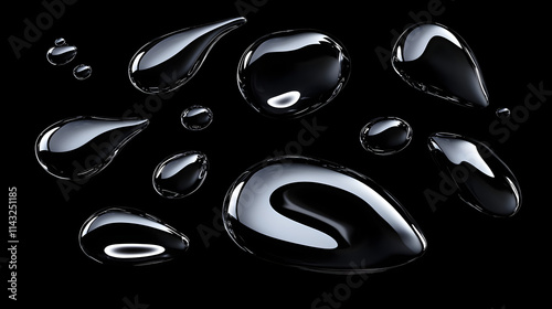 Shiny liquid mercury drops scattered on a solid black background.