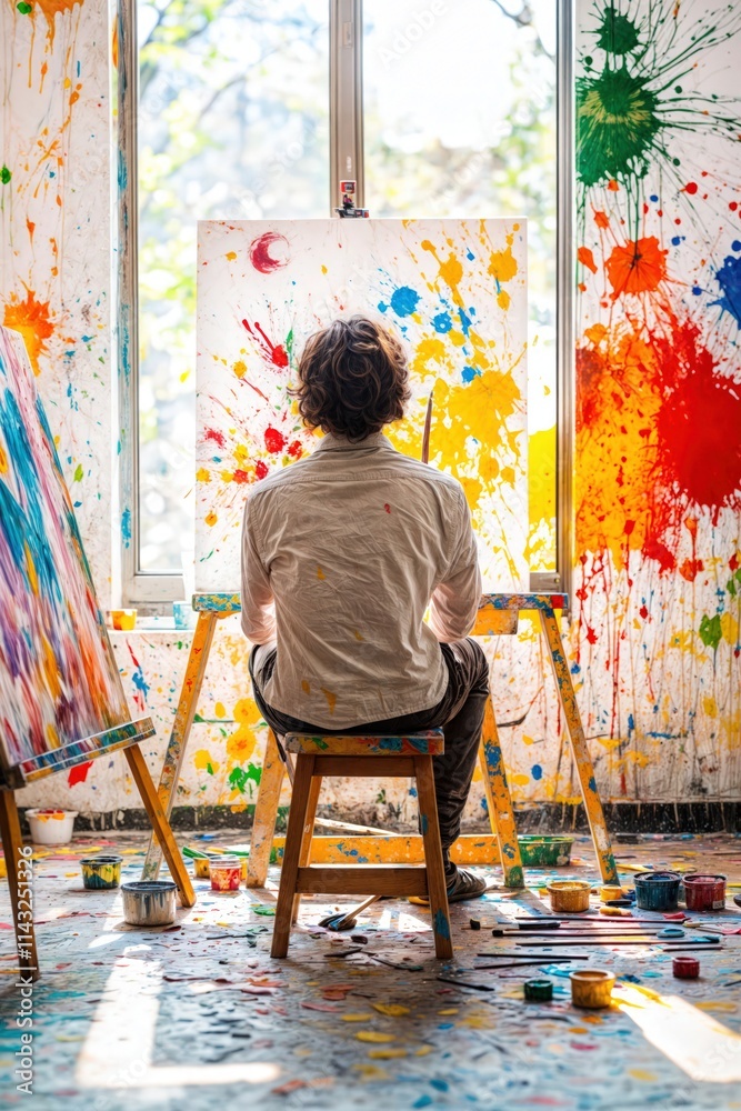 Abstract artist working on colorful splatter painting in creative studio with bright light