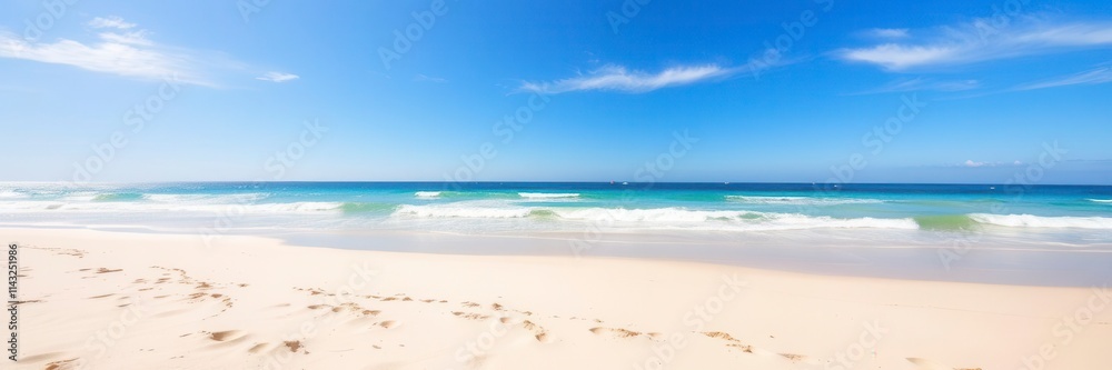 Scenic view of a pristine beach with crystal clear blue waters and golden sand dunes, beauty, escape, destination Scenic view of a pristine beach with crystal clear blue waters and golden sand dunes, beauty, escape, destination