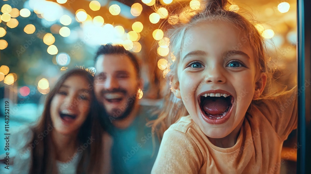 Happy family laughing together in a cozy cafe with warm golden bokeh lights