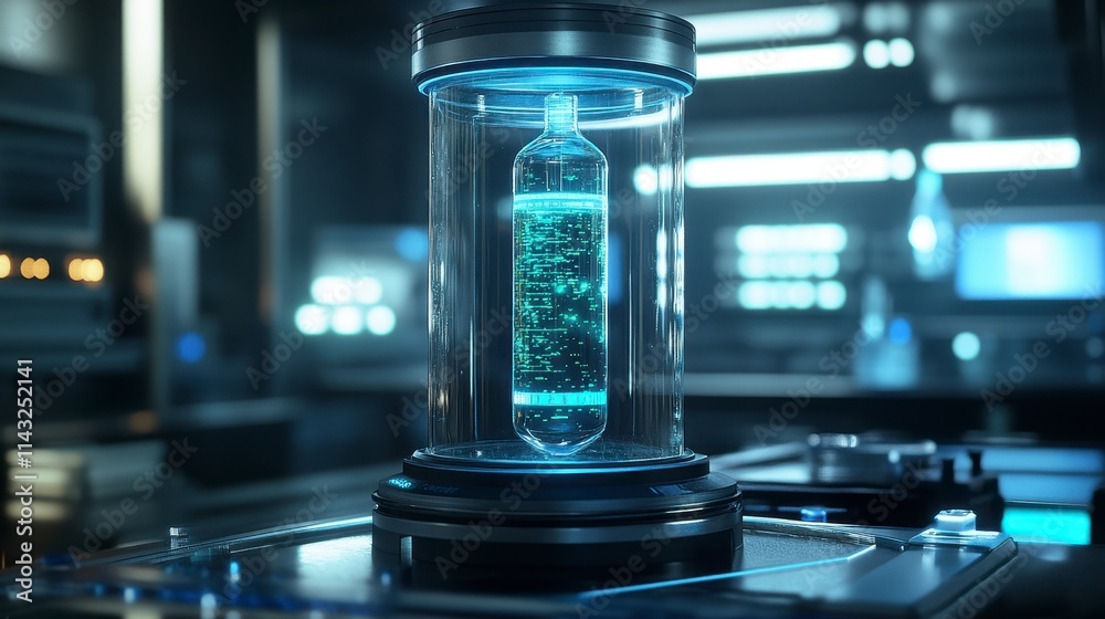 Futuristic laboratory showcasing a glowing, high-tech container with digital data, symbolizing advanced scientific exploration and innovation Futuristic laboratory showcasing a glowing, high-tech container with digital data, symbolizing advanced scientific exploration and innovation