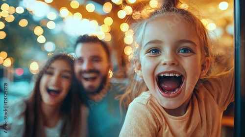 Obraz na płótnie Happy family laughing together in a cozy cafe with warm golden bokeh lights
w salonie