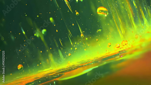 Tiny droplets of oil on a glowing neon green background.