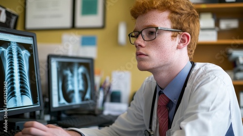 Young medical professional analyzing patient X-rays in a modern healthcare office environment