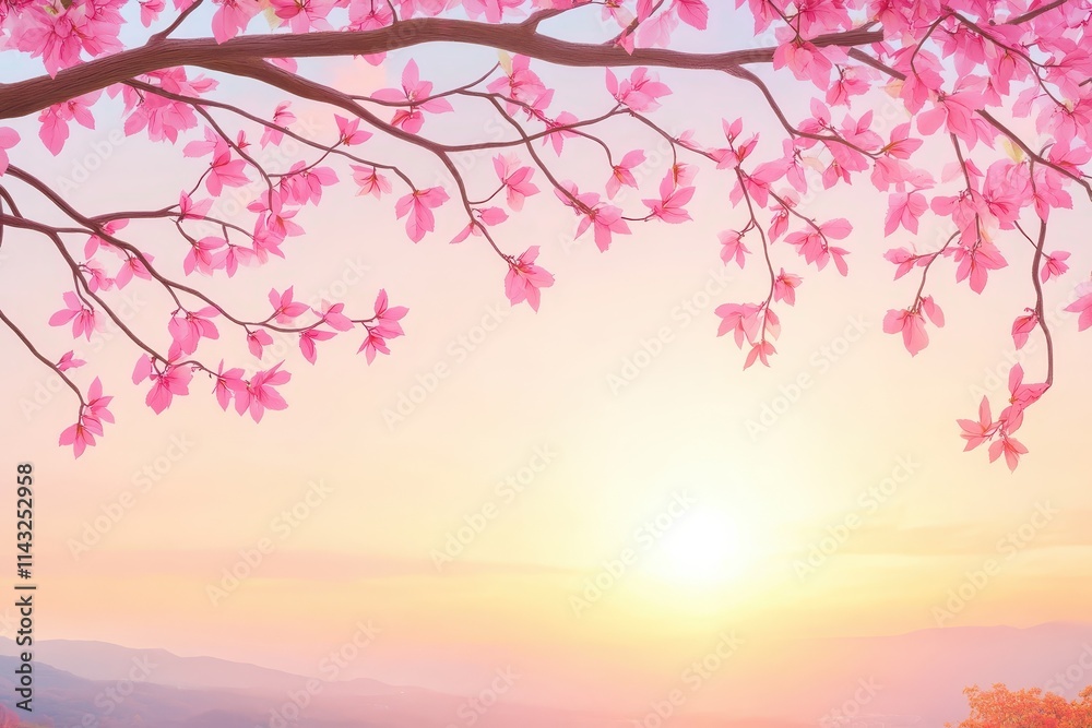 A serene sunset view with cherry blossom trees framing the vibrant sky. A serene sunset view with cherry blossom trees framing the vibrant sky.
