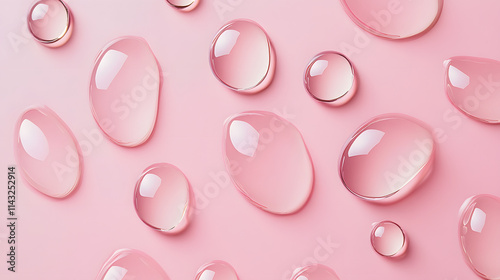 Transparent liquid droplets arranged symmetrically on a pastel pink background.