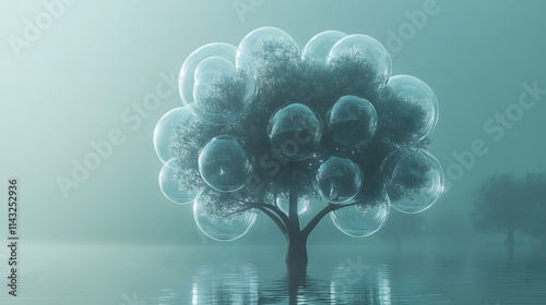 Transparent spheres assemble into an abstract tree.