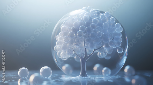 Transparent spheres assemble into an abstract tree.