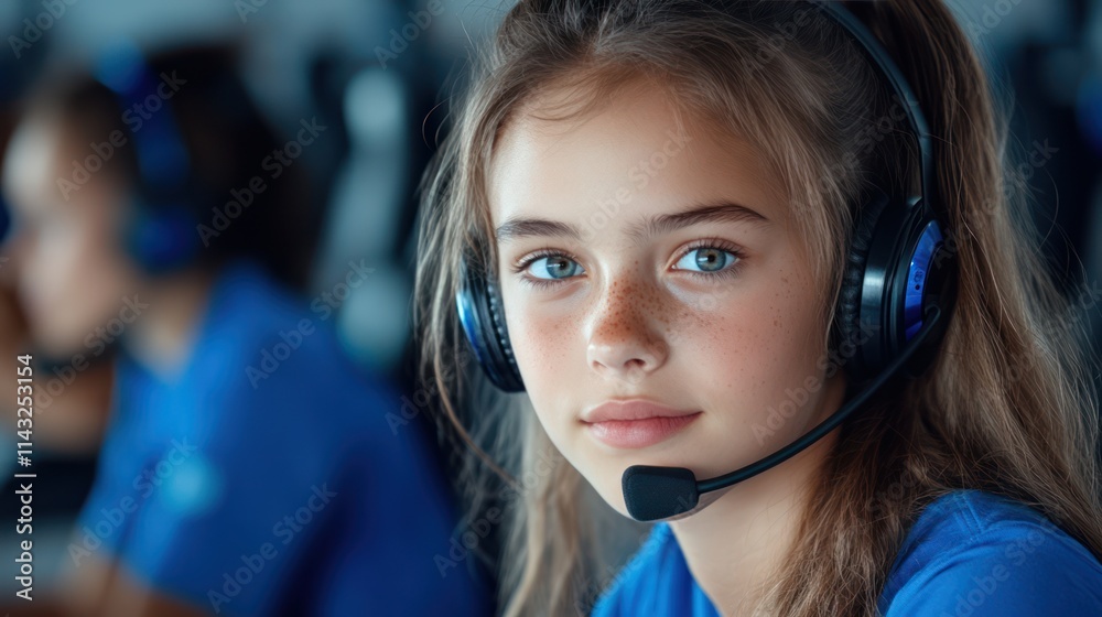 Professional Female Customer Support Representative in Headset at Work Desk Professional Female Customer Support Representative in Headset at Work Desk