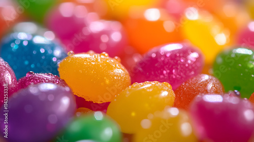 Vibrant liquid sugar droplets on a candy-colored background.