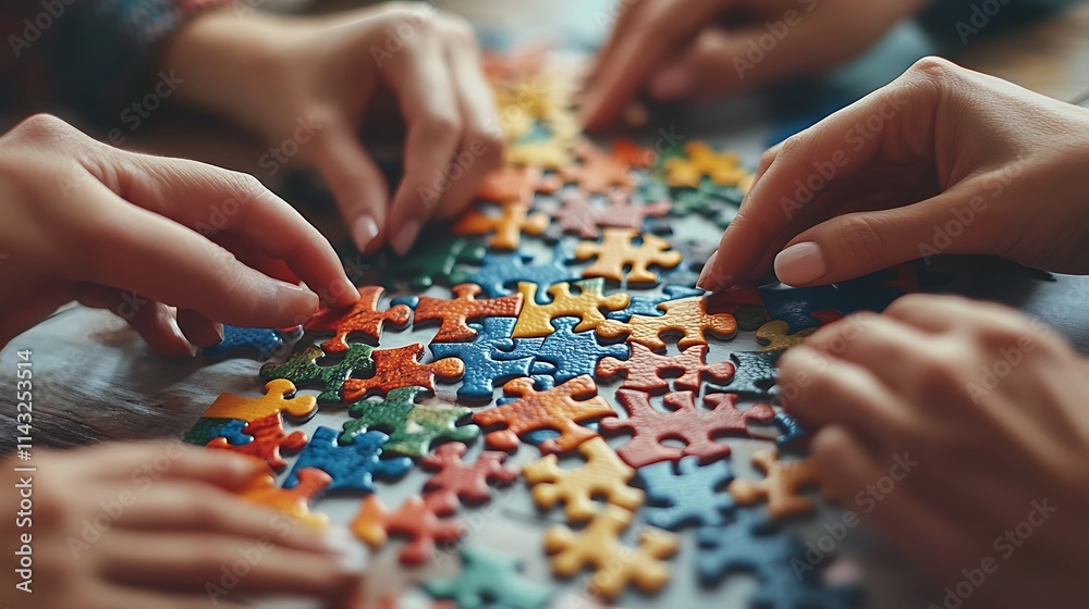 Collaborative puzzle solving home photography indoor close-up
