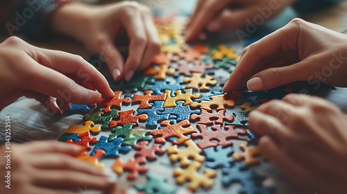 Collaborative puzzle solving home photography indoor close-up