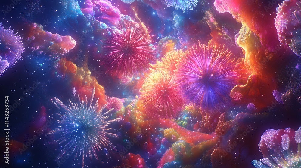 Obraz premium Vibrant fireworks display cosmic space digital art colorful surreal
