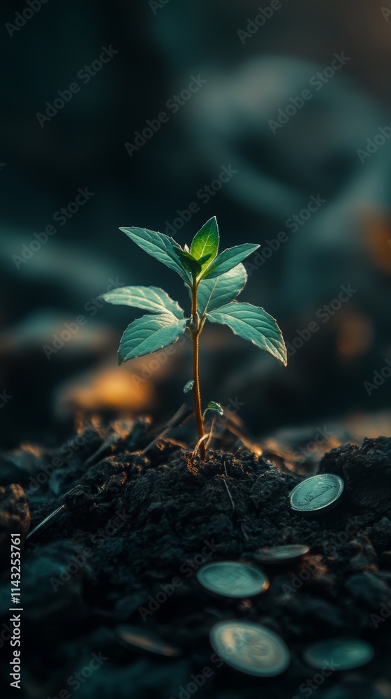 A small green plant breaks through a pile of coins, showcasing resilience and hope in a serene environment illuminated by natural light A small green plant breaks through a pile of coins, showcasing resilience and hope in a serene environment illuminated by natural light
