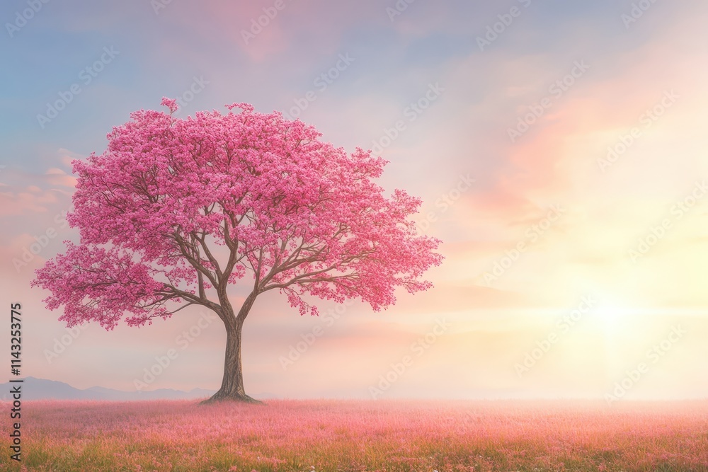 Fototapeta premium A stunning pink blossom tree in a serene landscape during sunset.
