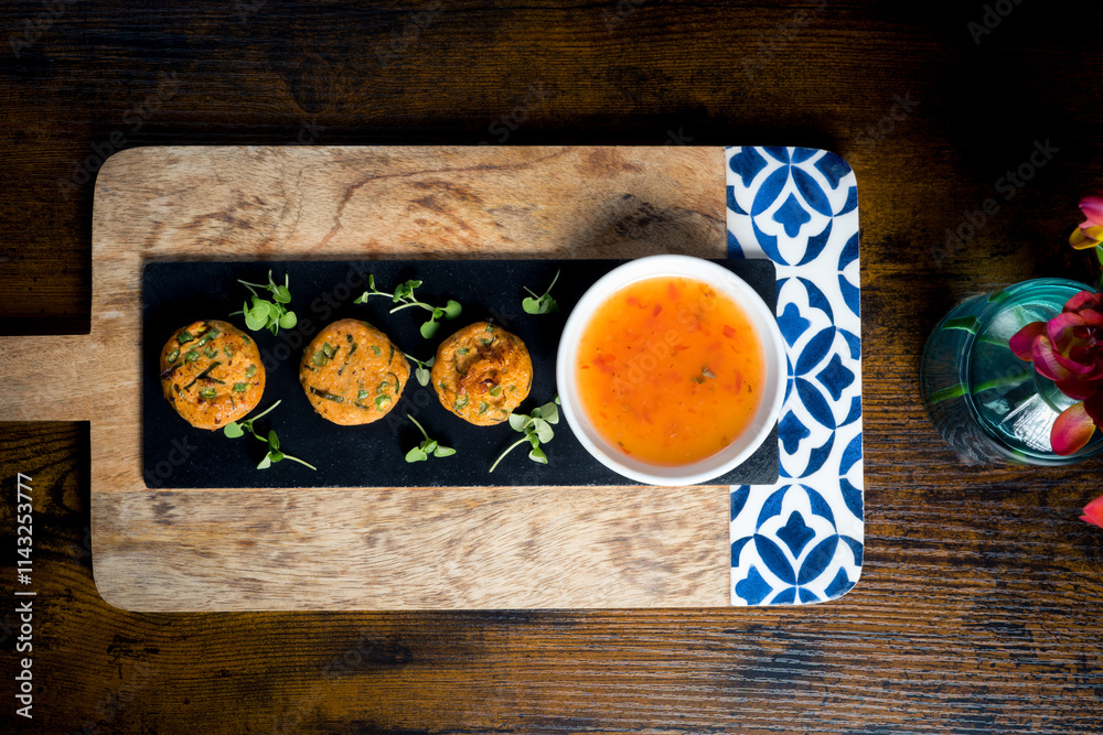 Corn and Spring Onion Patties with Sweet Chili Dip on Slate Board