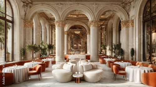 Luxurious, elegant restaurant interior with arched columns, large windows, and comfortable seating.