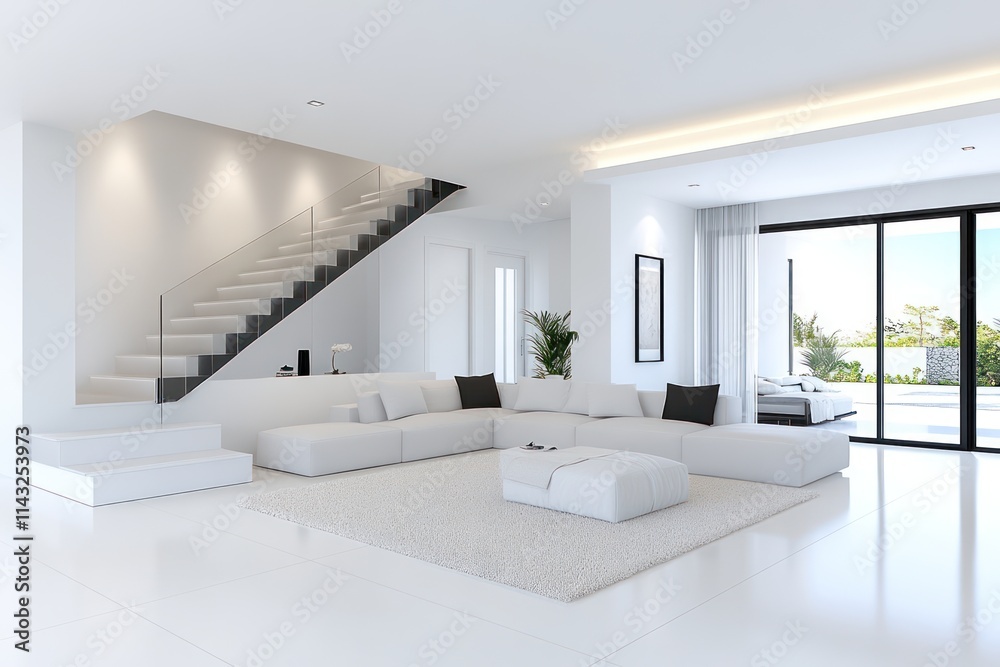 Fototapeta premium Sleek and Stylish Modern Apartment Interior Panorama - 3D Render