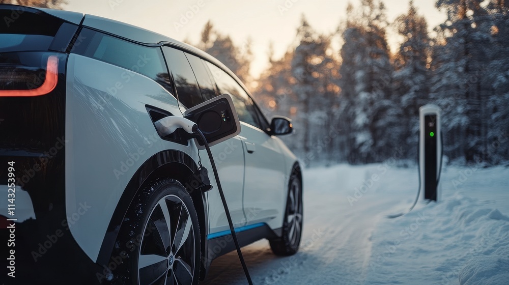 Electric car charging in a snowy landscape at sunset, highlighting sustainability and modern technology in cold weather settings