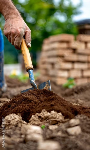 A hand using a trowel to cultivate soil in a garden area.