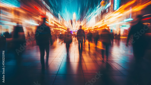 A bustling street at night with blurred silhouettes of people walking under neon lights.