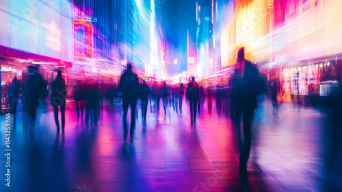 A bustling street at night with blurred silhouettes of people walking under neon lights.