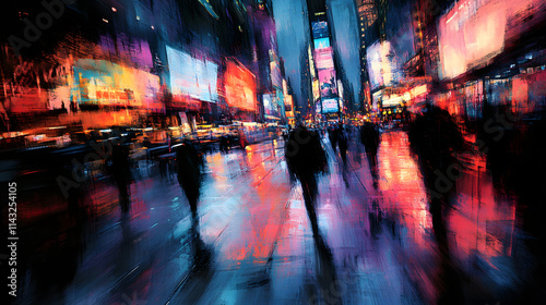 A bustling street corner with blurred figures crossing under neon advertisements.