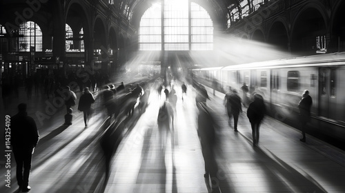 A bustling train station with blurred travelers rushing past platforms.