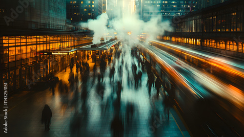 A bustling train station with blurred travelers rushing past platforms. photo